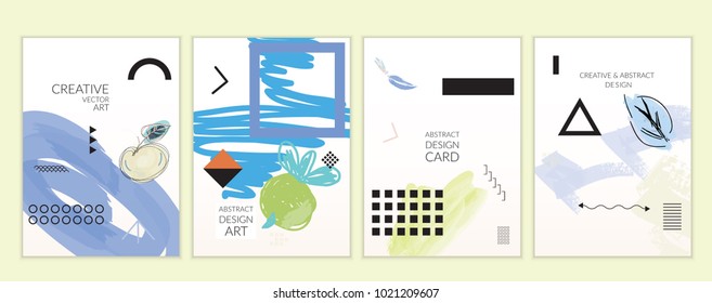 Set of artistic minimal universal card templates with abstract hand drawn doodles. Design for poster, card, invitation. Roughly drawn bright trendy textures. Minimal simple design.Vector isolated