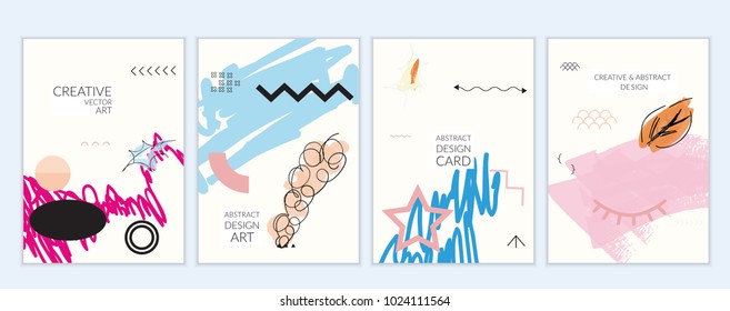 Set of artistic minimal universal card templates in Memphis style with abstract hand drawn doodles. Design for poster, card, invitation. Roughly drawn bright trendy textures. Vector isolated