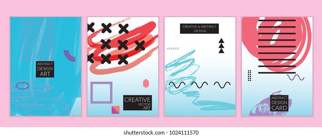 Set of artistic minimal universal card templates in Memphis style with abstract hand drawn doodles. Design for poster, card, invitation. Roughly drawn bright trendy textures. Vector isolated