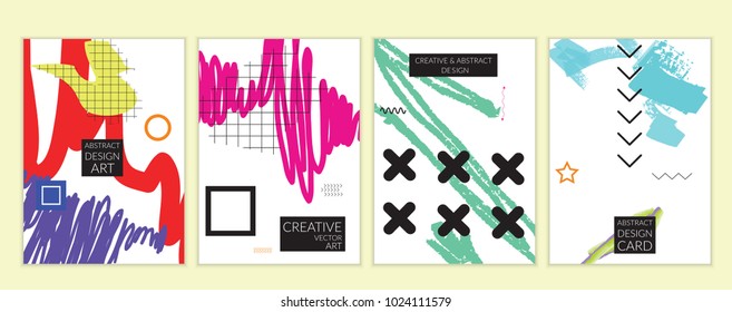Set of artistic minimal universal card templates in Memphis style with abstract hand drawn doodles. Design for poster, card, invitation. Roughly drawn bright trendy textures. Vector isolated