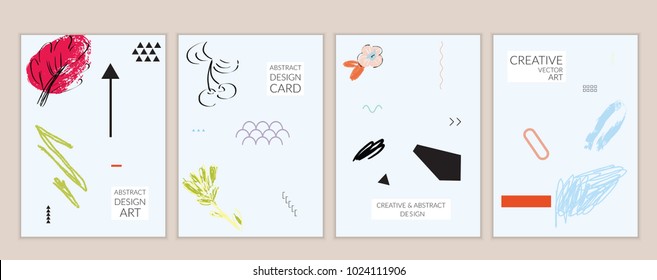 Set of artistic minimal universal card templates in Memphis style with abstract hand drawn doodles on white. Design for poster, card, invitation. Roughly drawn bright trendy textures. Vector isolated