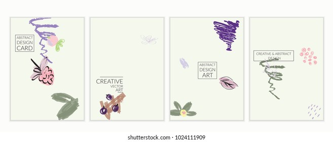 Set of artistic minimal universal card templates in Memphis style with abstract hand drawn doodles on white. Design for poster, card, invitation. Roughly drawn bright trendy textures. Vector isolated