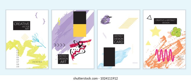 Set of artistic minimal universal card templates in Memphis style with abstract hand drawn doodles on white. Design for poster, card, invitation. Roughly drawn bright trendy textures. Vector isolated