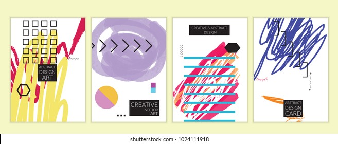 Set of artistic minimal universal card templates in Memphis style with abstract hand drawn doodles on white. Design for poster, card, invitation. Roughly drawn bright trendy textures. Vector isolated