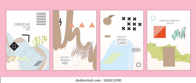 Set of artistic minimal universal card templates in Memphis style with abstract hand drawn doodles on white. Design for poster, card, invitation. Roughly drawn bright trendy textures. Vector isolated