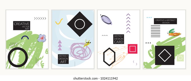 Set of artistic minimal universal card templates in Memphis style with abstract hand drawn doodles on white. Design for poster, card, invitation. Roughly drawn bright trendy textures. Vector isolated