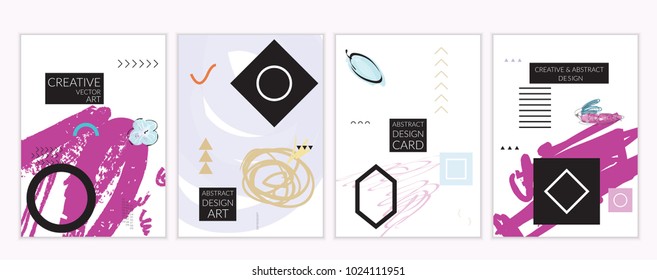 Set of artistic minimal universal card templates in Memphis style with abstract hand drawn doodles on white. Design for poster, card, invitation. Roughly drawn bright trendy textures. Vector isolated
