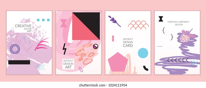 Set of artistic minimal universal card templates in Memphis style with abstract hand drawn doodles on white. Design for poster, card, invitation. Roughly drawn bright trendy textures. Vector isolated