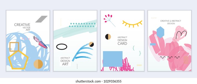 Set of artistic minimal universal card templates in Memphis style with abstract hand drawn doodles. Design for poster, card, invitation. Roughly drawn bright trendy textures. Vector isolated