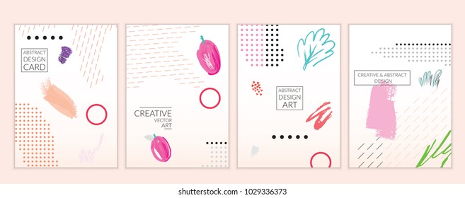 Set of artistic minimal universal card templates in Memphis style with abstract hand drawn doodles. Design for poster, card, invitation. Roughly drawn bright trendy textures. Vector isolated