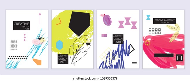 Set of artistic minimal universal card templates in Memphis style with abstract hand drawn doodles. Design for poster, card, invitation. Roughly drawn bright trendy textures. Vector isolated