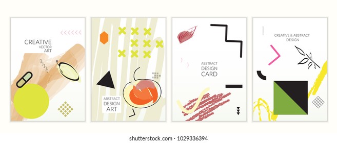 Set of artistic minimal universal card templates in Memphis style with abstract hand drawn doodles. Design for poster, card, invitation. Roughly drawn bright trendy textures. Vector isolated