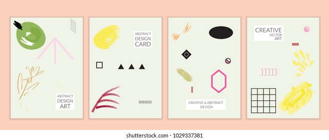 Set of artistic minimal universal card templates in Memphis style with abstract hand drawn doodles. Design for poster, card, invitation. Roughly drawn bright trendy textures. Vector isolated
