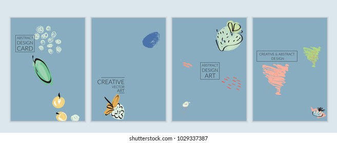Set of artistic minimal universal card templates in Memphis style with abstract hand drawn doodles. Design for poster, card, invitation. Roughly drawn bright trendy textures. Vector isolated
