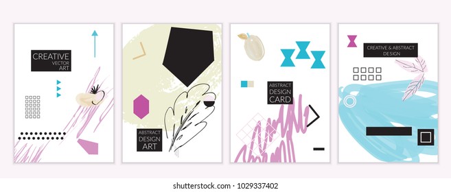 Set of artistic minimal universal card templates in Memphis style with abstract hand drawn doodles. Design for poster, card, invitation. Roughly drawn bright trendy textures. Vector isolated