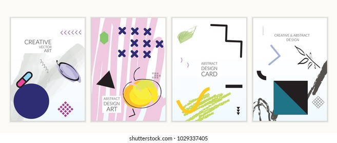 Set of artistic minimal universal card templates in Memphis style with abstract hand drawn doodles. Design for poster, card, invitation. Roughly drawn bright trendy textures. Vector isolated