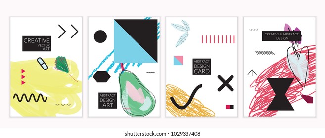Set of artistic minimal universal card templates in Memphis style with abstract hand drawn doodles. Design for poster, card, invitation. Roughly drawn bright trendy textures. Vector isolated