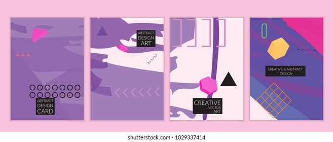 Set of artistic minimal universal card templates in Memphis style with abstract hand drawn doodles. Design for poster, card, invitation. Roughly drawn bright trendy textures. Vector isolated