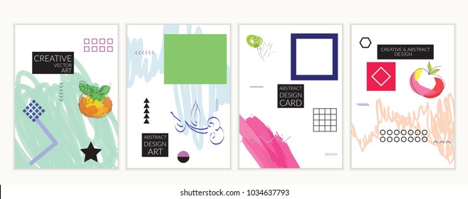 Set of artistic minimal universal card templates in Memphis style with abstract hand drawn doodles. Design for poster, card, invitation. Roughly drawn bright trendy textures. Vector isolated