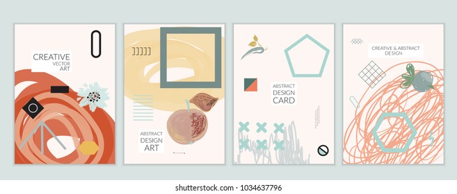 Set of artistic minimal universal card templates in Memphis style with abstract hand drawn doodles. Design for poster, card, invitation. Roughly drawn bright trendy textures. Vector isolated