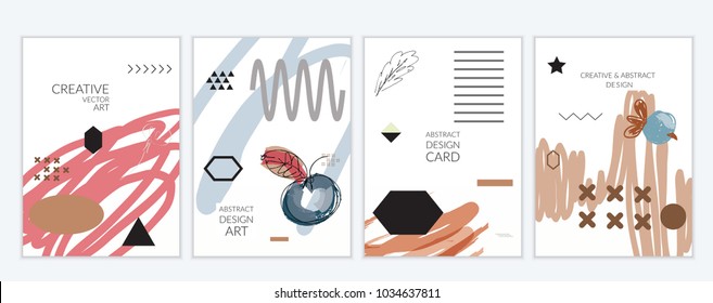 Set of artistic minimal universal card templates in Memphis style with abstract hand drawn doodles. Design for poster, card, invitation. Roughly drawn bright trendy textures. Vector isolated