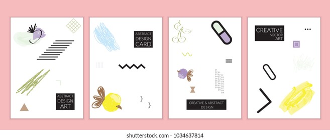 Set of artistic minimal universal card templates in Memphis style with abstract hand drawn doodles. Design for poster, card, invitation. Roughly drawn bright trendy textures. Vector isolated