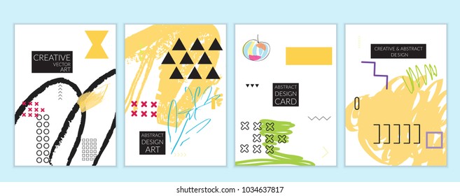 Set of artistic minimal universal card templates in Memphis style with abstract hand drawn doodles. Design for poster, card, invitation. Roughly drawn bright trendy textures. Vector isolated
