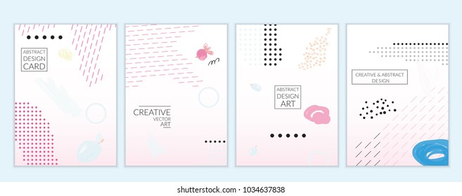 Set of artistic minimal universal card templates in Memphis style with abstract hand drawn doodles. Design for poster, card, invitation. Roughly drawn bright trendy textures. Vector isolated