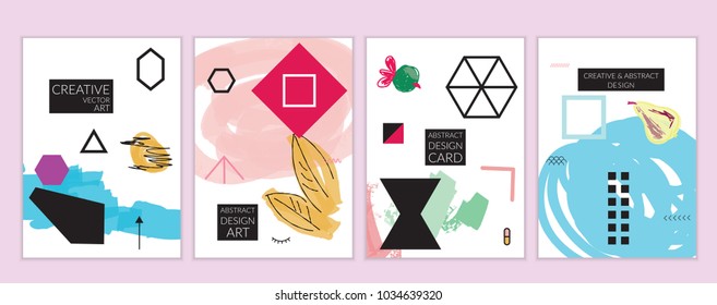 Set of artistic minimal universal card templates in Memphis style with abstract hand drawn doodles. Design for poster, card, invitation. Roughly drawn bright trendy textures. Vector isolated