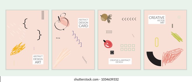 Set of artistic minimal universal card templates in Memphis style with abstract hand drawn doodles. Design for poster, card, invitation. Roughly drawn bright trendy textures. Vector isolated