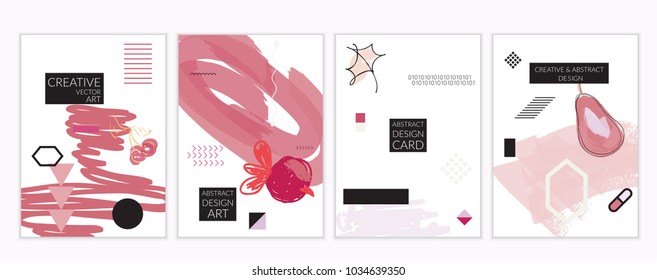 Set of artistic minimal universal card templates in Memphis style with abstract hand drawn doodles. Design for poster, card, invitation. Roughly drawn bright trendy textures. Vector isolated