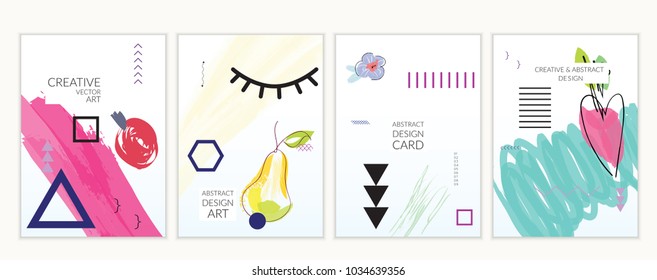 Set of artistic minimal universal card templates in Memphis style with abstract hand drawn doodles. Design for poster, card, invitation. Roughly drawn bright trendy textures. Vector isolated
