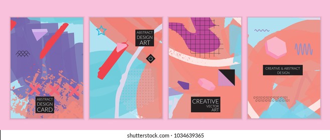 Set of artistic minimal universal card templates in Memphis style with abstract hand drawn doodles. Design for poster, card, invitation. Roughly drawn bright trendy textures. Vector isolated