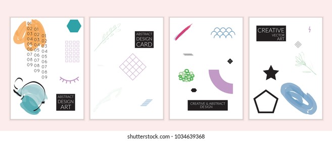 Set of artistic minimal universal card templates in Memphis style with abstract hand drawn doodles. Design for poster, card, invitation. Roughly drawn bright trendy textures. Vector isolated