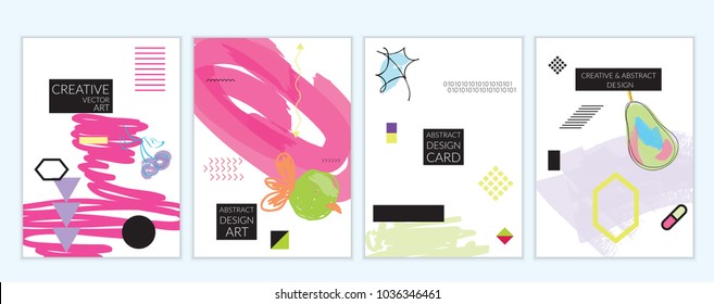 Set of artistic minimal universal card templates in Memphis style with abstract hand drawn doodles. Design for poster, card, invitation. Roughly drawn bright trendy textures. Vector isolated