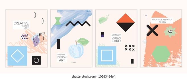 Set of artistic minimal universal card templates in Memphis style with abstract hand drawn doodles. Design for poster, card, invitation. Roughly drawn bright trendy textures. Vector isolated