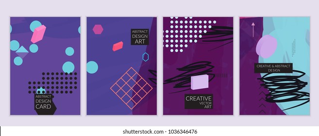 Set of artistic minimal universal card templates in Memphis style with abstract hand drawn doodles. Design for poster, card, invitation. Roughly drawn bright trendy textures. Vector isolated