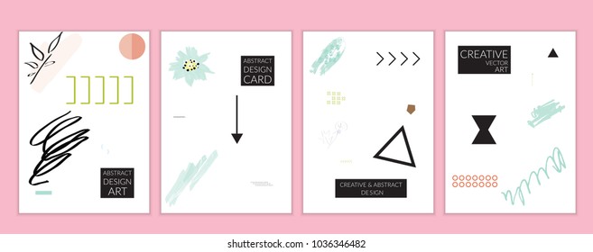 Set of artistic minimal universal card templates in Memphis style with abstract hand drawn doodles. Design for poster, card, invitation. Roughly drawn bright trendy textures. Vector isolated