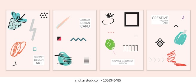 Set of artistic minimal universal card templates in Memphis style with abstract hand drawn doodles. Design for poster, card, invitation. Roughly drawn bright trendy textures. Vector isolated