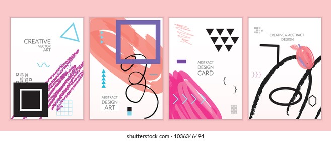 Set of artistic minimal universal card templates in Memphis style with abstract hand drawn doodles. Design for poster, card, invitation. Roughly drawn bright trendy textures. Vector isolated