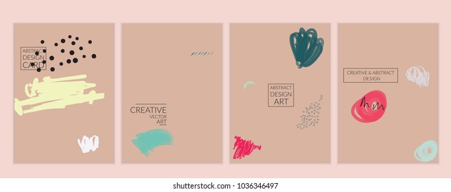 Set of artistic minimal universal card templates with abstract hand drawn doodles. Design for poster, card, invitation. Roughly drawn bright trendy textures. Minimal simple design.Vector isolated