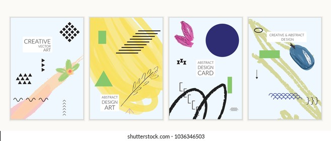 Set of artistic minimal universal card templates in Memphis style with abstract hand drawn doodles. Design for poster, card, invitation. Roughly drawn bright trendy textures. Vector isolated
