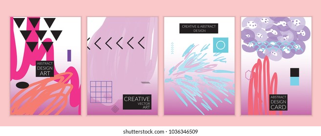 Set of artistic minimal universal card templates in Memphis style with abstract hand drawn doodles. Design for poster, card, invitation. Roughly drawn bright trendy textures. Vector isolated