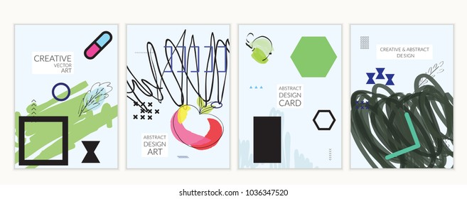 Set of artistic minimal universal card templates in Memphis style with abstract hand drawn doodles on white. Design for poster, card, invitation. Roughly drawn bright trendy textures. Vector isolated