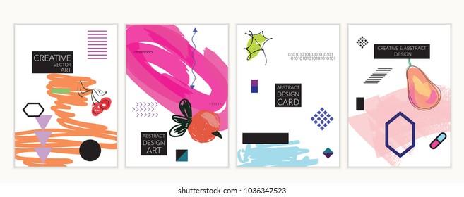 Set of artistic minimal universal card templates in Memphis style with abstract hand drawn doodles on white. Design for poster, card, invitation. Roughly drawn bright trendy textures. Vector isolated