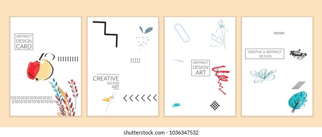 Set of artistic minimal universal card templates in Memphis style with abstract hand drawn doodles on white. Design for poster, card, invitation. Roughly drawn bright trendy textures. Vector isolated