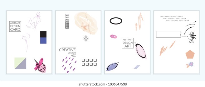 Set of artistic minimal universal card templates in Memphis style with abstract hand drawn doodles on white. Design for poster, card, invitation. Roughly drawn bright trendy textures. Vector isolated