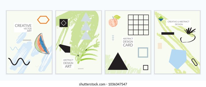 Set of artistic minimal universal card templates in Memphis style with abstract hand drawn doodles on white. Design for poster, card, invitation. Roughly drawn bright trendy textures. Vector isolated