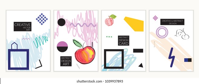 Set of artistic minimal universal card templates in Memphis style with abstract hand drawn doodles. Design for poster, card, invitation. Roughly drawn bright trendy textures. Vector isolated