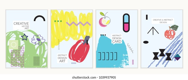 Set of artistic minimal universal card templates in Memphis style with abstract hand drawn doodles. Design for poster, card, invitation. Roughly drawn bright trendy textures. Vector isolated